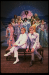 L-R) George Hearn and Gene Barry w. dancers in drag in a scene from the Broadway musical "La Cage Aux Folles." (New York)