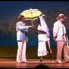 L-R) Gene Barry, William Thomas, Jr. (in drag) and George Hearn in a scene from the Broadway musical "La Cage Aux Folles." (New York)