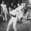 Dancers performing a number during a rehearsal for the Broadway production of the musical "West Side Story".