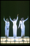 Deborah Burrell, Sheryl Lee Ralph, and Loretta Devine in white gowns in a scene from the Broadway production of the musical Dreamgirls