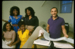 L-R) Deborah Burrell, Sheryl Lee Ralph, Loretta Devine and Jennifer Holliday w. director Michael Bennett at a rehearsal for the Broadway musical "Dreamgirls." (New York)