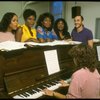 L-R) Deborah Burrell, Loretta Devine, Sheryl Lee Ralph, and Jennifer Holliday w. director Michael Bennett at a rehearsal for the Broadway musical "Dreamgirls." (New York)