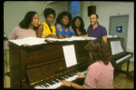 L-R) Deborah Burrell, Loretta Devine, Sheryl Lee Ralph, and Jennifer Holliday w. director Michael Bennett at a rehearsal for the Broadway musical "Dreamgirls." (New York)