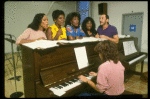 L-R) Deborah Burrell, Loretta Devine, Sheryl Lee Ralph, and Jennifer Holliday w. director Michael Bennett at a rehearsal for the Broadway musical "Dreamgirls." (New York)