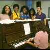 L-R) Deborah Burrell, Loretta Devine, Sheryl Lee Ralph, and Jennifer Holliday w. director Michael Bennett at a rehearsal for the Broadway musical "Dreamgirls." (New York)