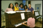 L-R) Deborah Burrell, Loretta Devine, Sheryl Lee Ralph, and Jennifer Holliday w. director Michael Bennett at a rehearsal for the Broadway musical "Dreamgirls." (New York)