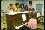 L-R) Deborah Burrell, Loretta Devine, Sheryl Lee Ralph, and Jennifer Holliday w. director Michael Bennett at a rehearsal for the Broadway musical "Dreamgirls." (New York)