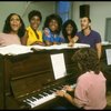 L-R) Deborah Burrell, Loretta Devine, Sheryl Lee Ralph, and Jennifer Holliday w. director Michael Bennett at a rehearsal for the Broadway musical "Dreamgirls." (New York)