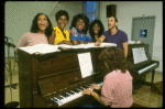 L-R) Deborah Burrell, Loretta Devine, Sheryl Lee Ralph, and Jennifer Holliday w. director Michael Bennett at a rehearsal for the Broadway musical "Dreamgirls." (New York)