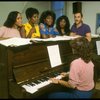L-R) Deborah Burrell, Loretta Devine, Sheryl Lee Ralph, and Jennifer Holliday w. director Michael Bennett at a rehearsal for the Broadway musical "Dreamgirls." (New York)