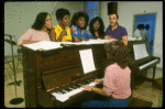 L-R) Deborah Burrell, Loretta Devine, Sheryl Lee Ralph, and Jennifer Holliday w. director Michael Bennett at a rehearsal for the Broadway musical "Dreamgirls." (New York)