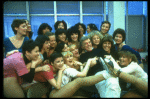 Director/choreographer Gower Champion surrounded by chorus girls during a rehearsal for the Broadway production of the musical "42nd Street." (New York)