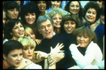 Director/choreographer Gower Champion surrounded by chorus girls during a rehearsal for the Broadway production of the musical "42nd Street." (New York)