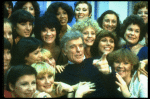 Director/choreographer Gower Champion surrounded by chorus girls during a rehearsal for the Broadway production of the musical "42nd Street." (New York)