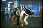 Director Gower Champion (R) w. dancers Wanda Richert (L) and Lee Roy Reams (2L) during a rehearsal for the Broadway production of the musical "42nd Street." (New York)