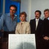 R-L) Director Gower Champion and producer David Merrick w. actors Tammy Grimes and Jerry Orbach during rehearsal for the Broadway musical "42nd Street." (New York)