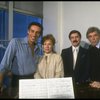 R-L) Director Gower Champion and producer David Merrick w. actors Tammy Grimes and Jerry Orbach during rehearsal for the Broadway musical "42nd Street." (New York)