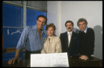 R-L) Director Gower Champion and producer David Merrick w. actors Tammy Grimes and Jerry Orbach during rehearsal for the Broadway musical "42nd Street." (New York)