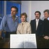R-L) Director Gower Champion and producer David Merrick w. actors Tammy Grimes and Jerry Orbach during rehearsal for the Broadway musical "42nd Street." (New York)