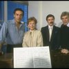 R-L) Director Gower Champion and producer David Merrick w. actors Tammy Grimes and Jerry Orbach during rehearsal for the Broadway musical "42nd Street." (New York)