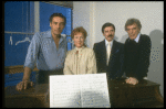R-L) Director Gower Champion and producer David Merrick w. actors Tammy Grimes and Jerry Orbach during rehearsal for the Broadway musical "42nd Street." (New York)