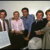 L-R) Michael Stewart, Mark Bramble, Jerry Orbach, Gower Champion and Tammy Grimes during a rehearsal for the Broadway musical "42nd Street." (New York)
