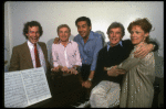 L-R) Michael Stewart, Mark Bramble, Jerry Orbach, Gower Champion and Tammy Grimes during a rehearsal for the Broadway musical "42nd Street." (New York)