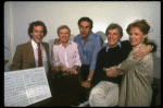 L-R) Michael Stewart, Mark Bramble, Jerry Orbach, Gower Champion and Tammy Grimes during a rehearsal for the Broadway musical "42nd Street." (New York)