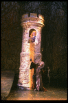 T-B) Pamela Winslow as Rapunzel and Bernadette Peters as the Witch in a scene from the Broadway production of the musical "Into The Woods." (New York)