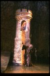 T-B) Pamela Winslow as Rapunzel and Bernadette Peters as the Witch in a scene from the Broadway production of the musical "Into The Woods." (New York)