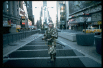 A castmember from the Broadway production of the musical "Pacific Overtures" posing in the middle of Times Square to advertise the show. (New York)