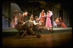 L-R) Actors Mandy Patinkin (as painter Georges Seurat), William Parry, Chris Groendahl and Bernadette Peters in a scene from the Broadway production of the musical "Sunday In The Park With George." (New York)