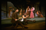 L-R) Actors Mandy Patinkin (as painter Georges Seurat), William Parry, Chris Groendahl and Bernadette Peters in a scene from the Broadway production of the musical "Sunday In The Park With George." (New York)