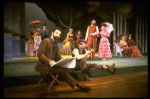 L-R) Actors Mandy Patinkin (as painter Georges Seurat), William Parry, Chris Groendahl and Bernadette Peters in a scene from the Broadway production of the musical "Sunday In The Park With George." (New York)