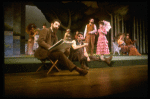 L-R) Actors Mandy Patinkin (as painter Georges Seurat), William Parry, Chris Groendahl and Bernadette Peters in a scene from the Broadway production of the musical "Sunday In The Park With George." (New York)