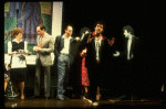 Actor Mandy Patinkin w. life size photo cut-outs of himself in a scene from the Broadway production of the musical "Sunday In The Park With George." (New York)