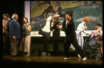 Actor Mandy Patinkin w. life size photo cut-outs of himself in a scene from the Broadway production of the musical "Sunday In The Park With George." (New York)