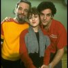L-R) Composer Stephen Sondhein w. actors Bernadette Peters and Mandy Patinkin at a rehearsal for the Broadway production of the musical "Sunday In The Park With George." (New York)