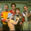 L-R) Composer Stephen Sondhein w. actors Bernadette Peters and Mandy Patinkin and writer/director James Lapine at a rehearsal for the Broadway production of the musical "Sunday In The Park With George." (New York)
