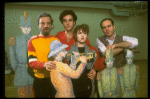 L-R) Composer Stephen Sondhein w. actors Bernadette Peters and Mandy Patinkin and writer/director James Lapine at a rehearsal for the Broadway production of the musical "Sunday In The Park With George." (New York)