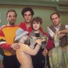 L-R) Composer Stephen Sondhein w. actors Bernadette Peters and Mandy Patinkin and writer/director James Lapine at a rehearsal for the Broadway production of the musical "Sunday In The Park With George." (New York)
