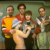 L-R) Composer Stephen Sondhein w. actors Bernadette Peters and Mandy Patinkin and writer/director James Lapine at a rehearsal for the Broadway production of the musical "Sunday In The Park With George." (New York)