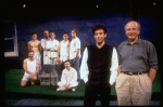 L-R) Actors Stephen Bogardus, Justin Kirk, John Benjamin Hickey, Stephen Spinella, Randy Becker, Nathan Lane and John Glover w. director Joe Mantello and playwright Terrence McNally on the set of the Manhattan Theatre Club production of the play "Love! (New York)