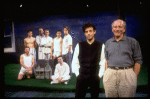 L-R) Actors Stephen Bogardus, Justin Kirk, John Benjamin Hickey, Stephen Spinella, Randy Becker, Nathan Lane and John Glover w. director Joe Mantello and playwright Terrence McNally on the set of the Manhattan Theatre Club production of the play "Love! (New York)