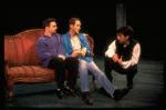 L-R) Actors Nathan Lane and Stephen Spinella conferring w. director Joe Mantello on the set of the Manhattan Theater Club production of the play "Love! Valour! Compassion!." (New York)