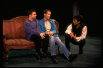 L-R) Actors Nathan Lane and Stephen Spinella conferring w. director Joe Mantello on the set of the Manhattan Theater Club production of the play "Love! Valour! Compassion!." (New York)