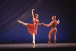 Dancers Mikhail Baryshnikov and Natalia Makarova performing in Jerome Robbins' ballet "Other Dances" in televised performance for NET.