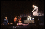 Actors (L-R) Kathryn Pogson, Linda Hunt, Mario Arrambide, Lynsey Baxter, Linda Bassett & Wallace Shawn in a scene fr. the Off-Broadway play "Aunt Dan & Lemon." (New York)