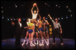 Actors Julius LaRosa (L) & Ron Ferrell (Top) in a scene fr. the pre-Broadway production of the musical "A Broadway Musical."