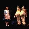 Actress Kate Burton w. actors Robert Boyle & John Remme as Tweedledum and Tweedledee in a scene fr. the Broadway revival of "Alice in Wonderland."